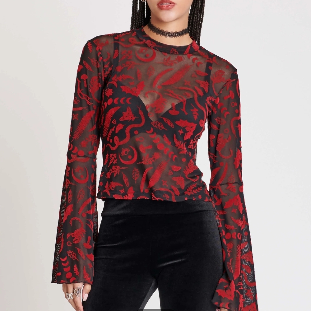 Midnight Hour Creatures Flocked Mesh Bell Sleeve Top - Picture 2 of 5